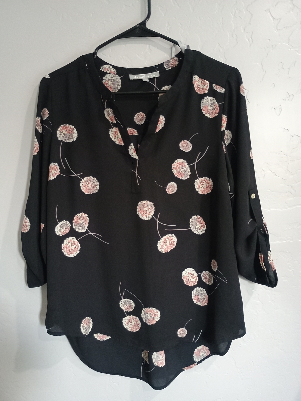 Daniel Rainn Black Floral Split V-Neck Blouse
